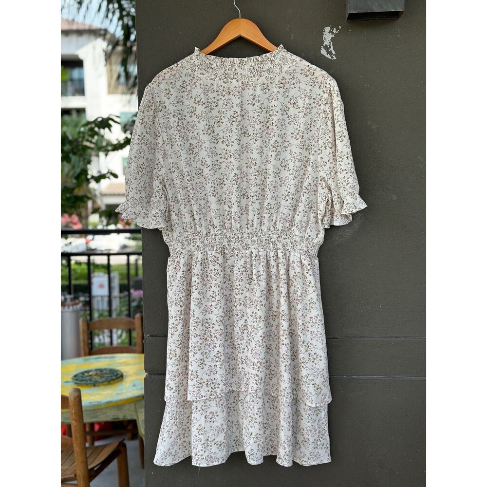 Hayden Los Angeles 1XL White Floral Smock Waist Mini Dress Lined Ruffle HighNeck - Picture 6 of 11